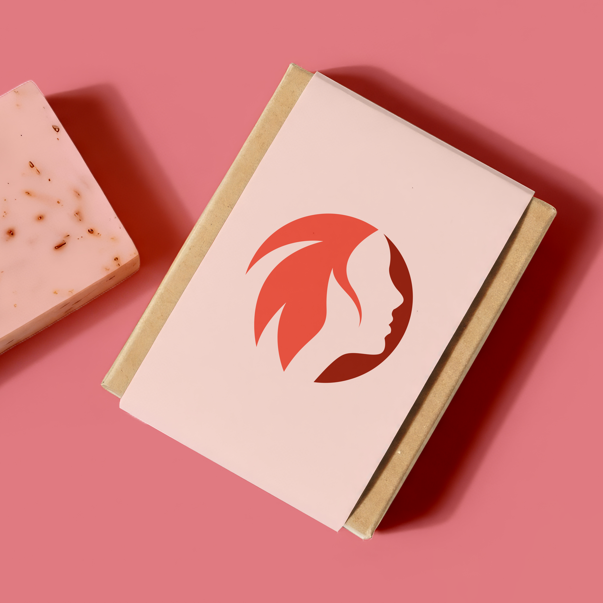 Pink feminine face and leaf logo printed on pink soap packaging set on a darker pink background