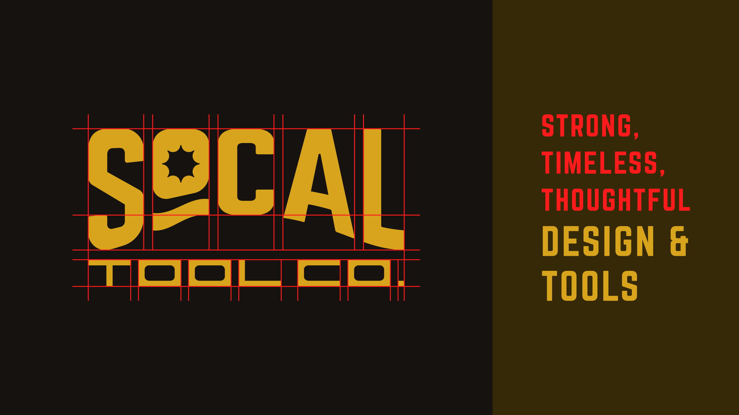 Detailed grid design of SoCal Tool Co. logo with text reading, "strong, timeless, thoughtful | design & tools"