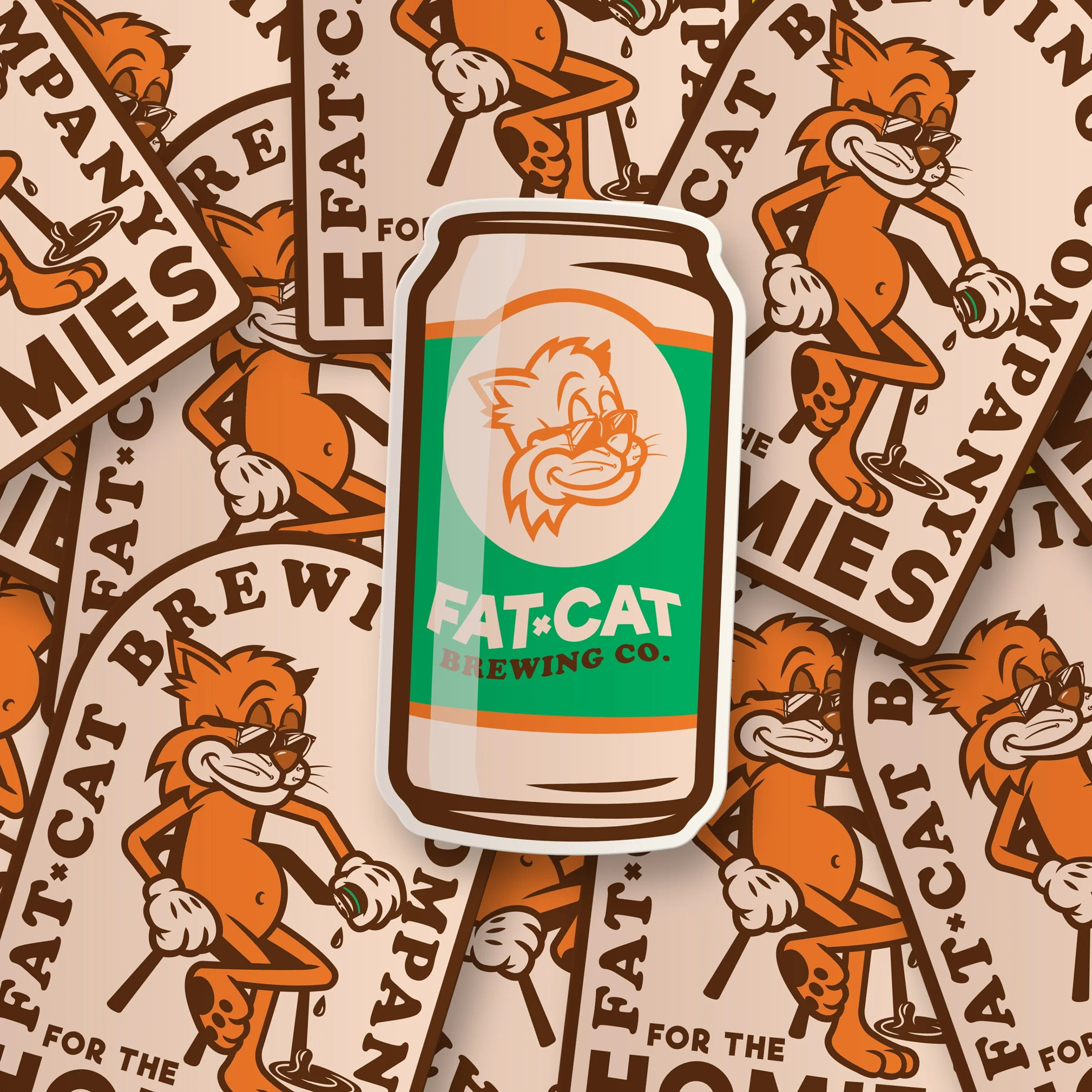 Stylized can decal for Fat Cat brewing company stacked over dozens of brand mascot stickers