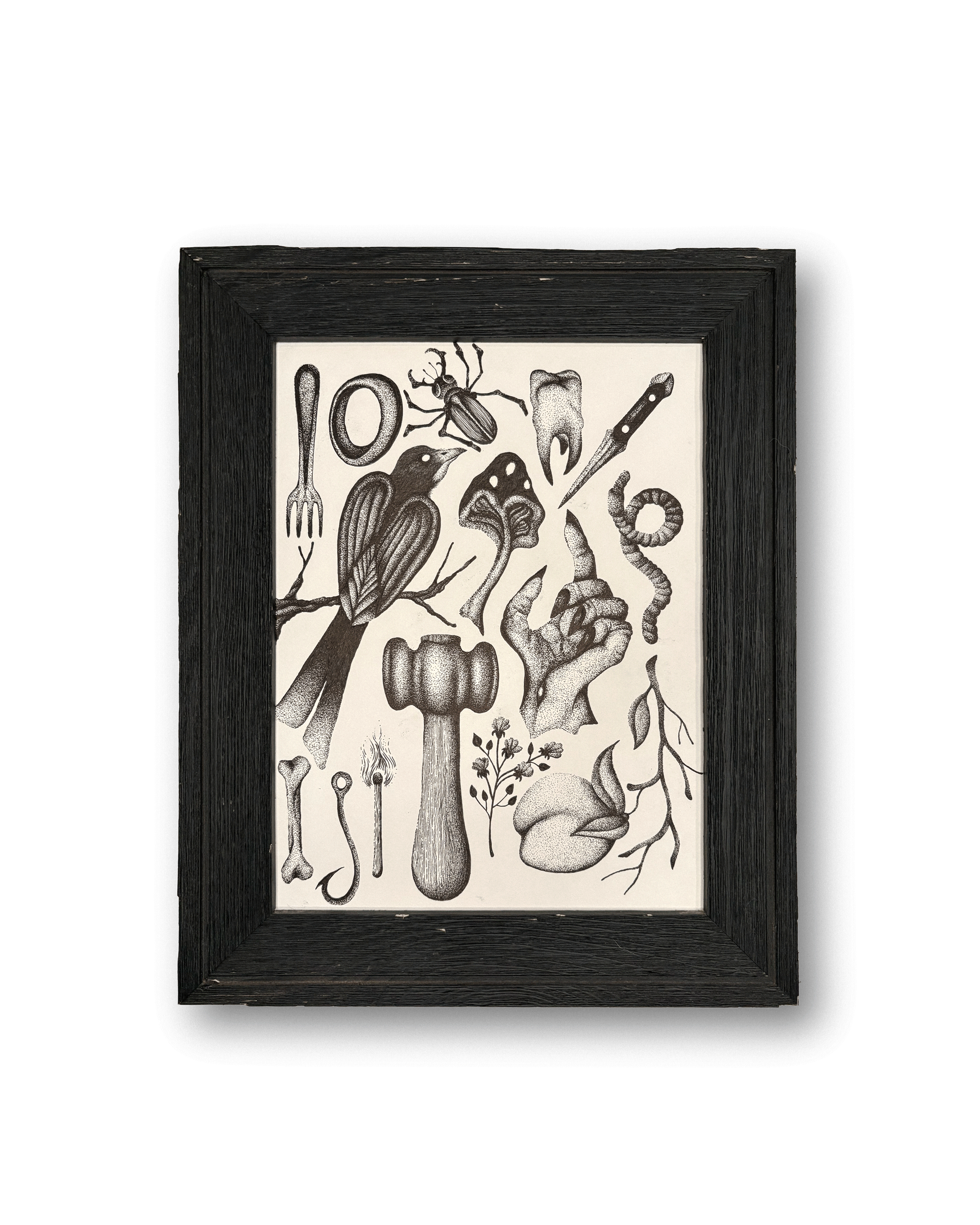 Framed illustration of closely fitted small objects and creatures
