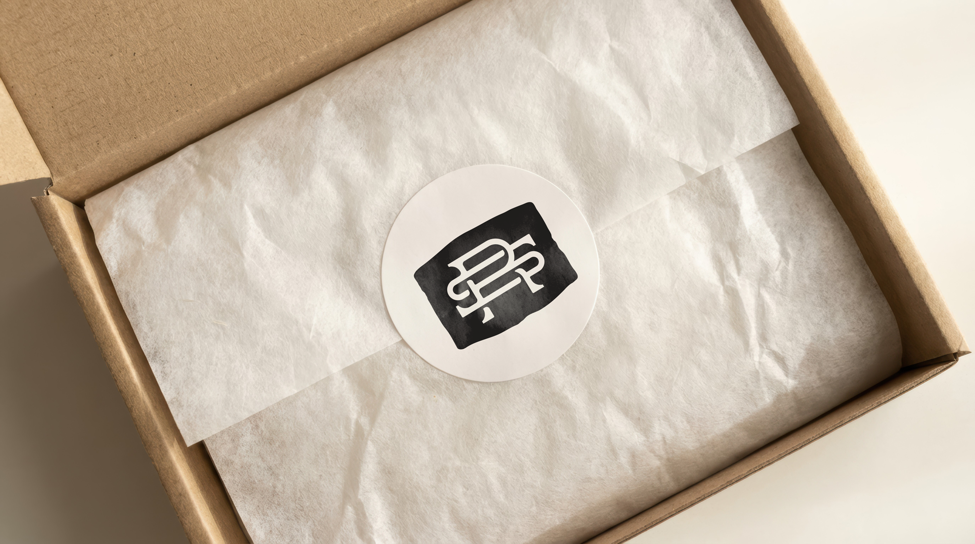 Boxed and paper wrapped product packaging sealed with printed "SR" Monogram label