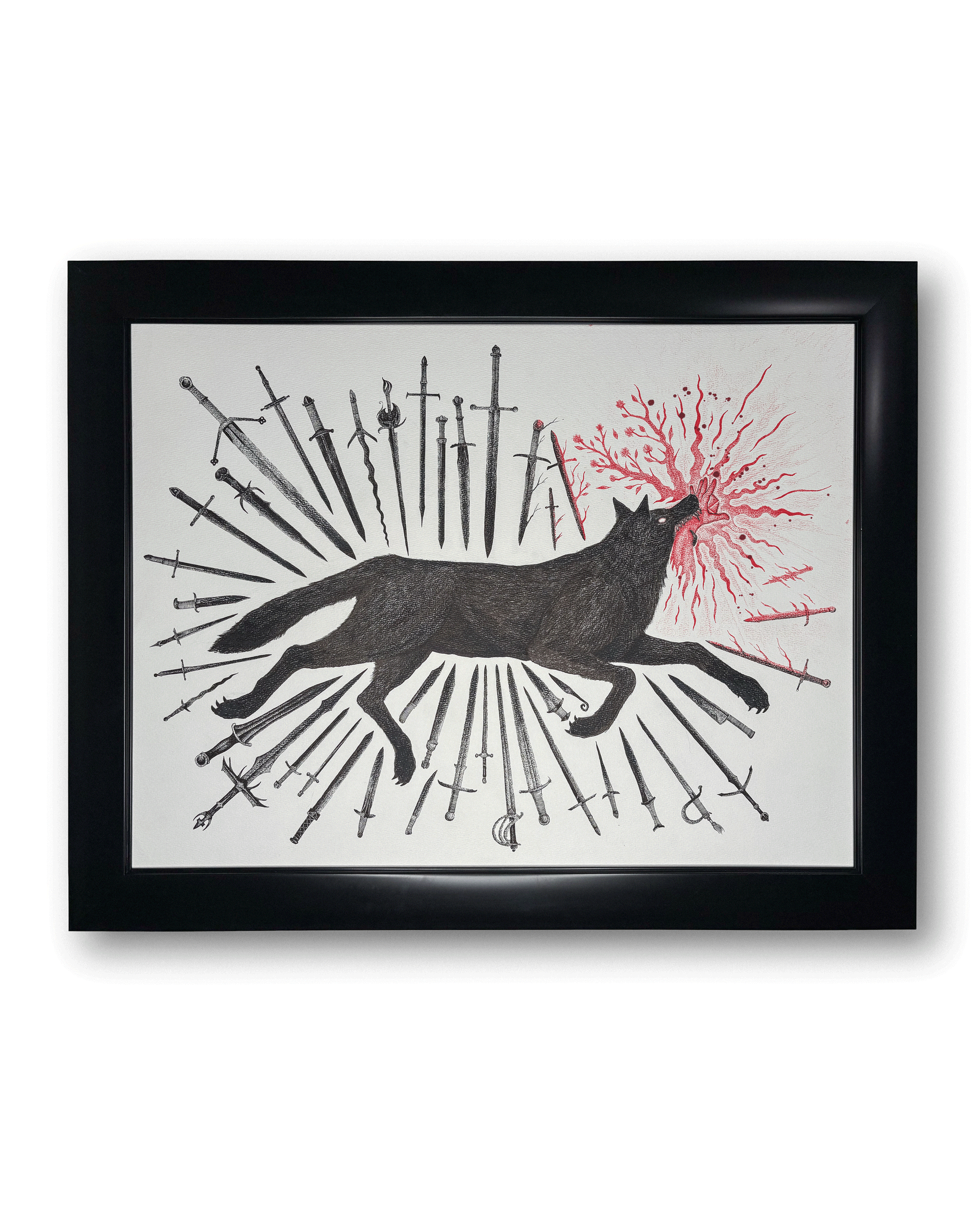 Large scale framed illustration of a wolf surrounded by swords and daggers, devouring a hand holding a flaming gem