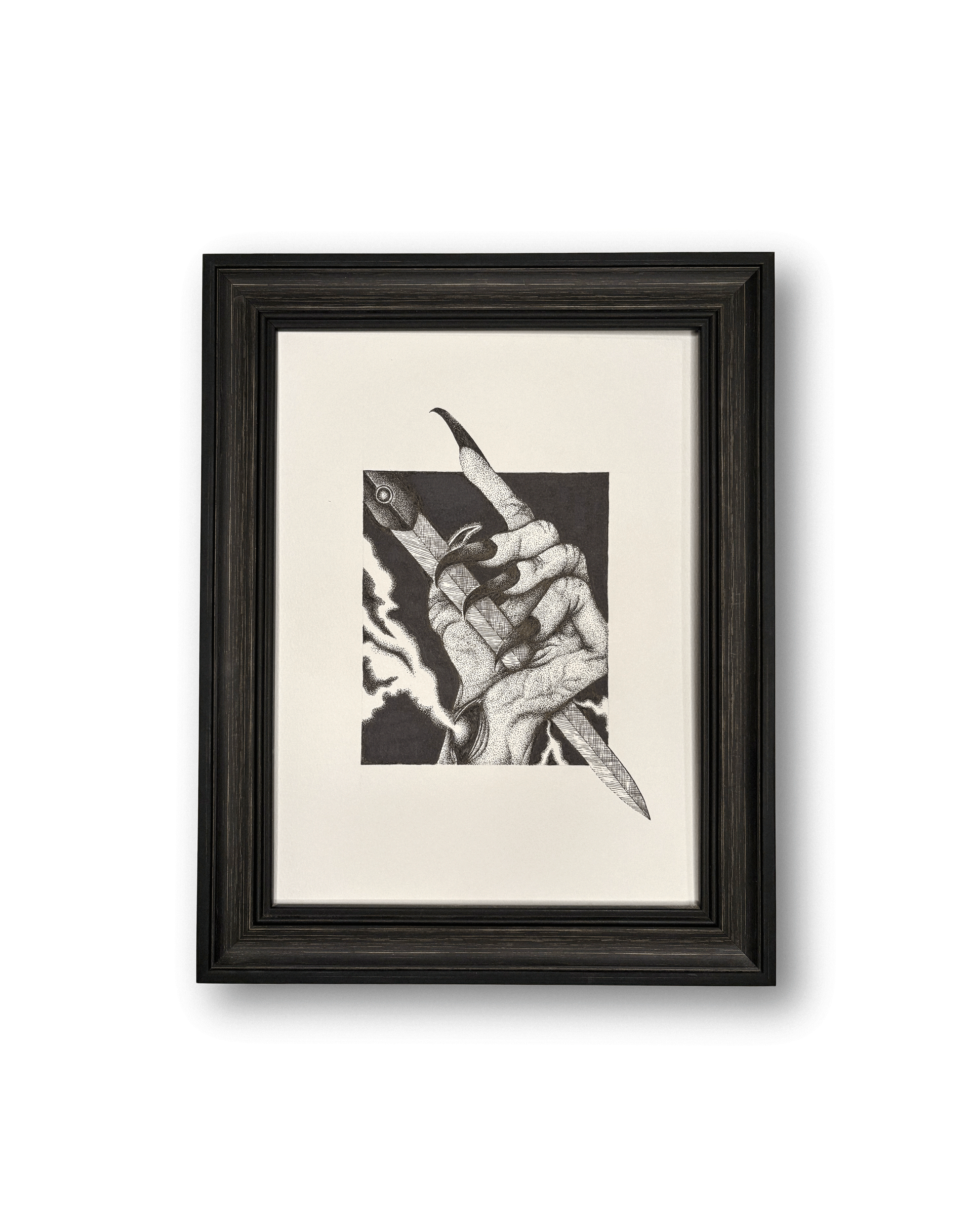 Framed illustration of a hand pierced through with a dagger