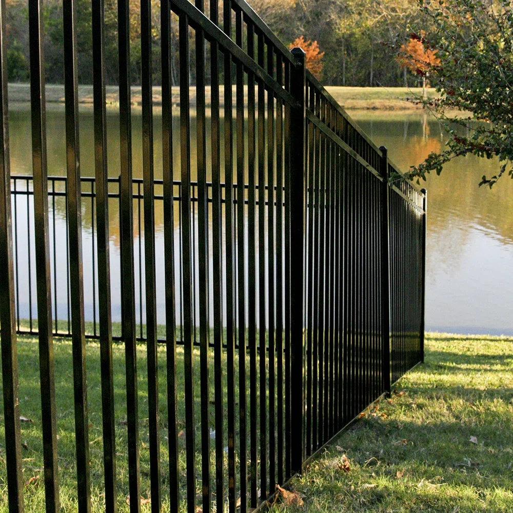 Black metal fence beside a lake with trees in fall colors and a grassy area.