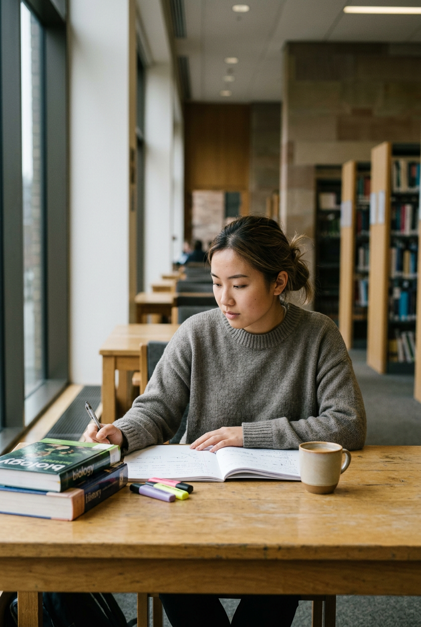 A young woman studying at a wooden table in a library with large windows, books, highlighters, and a coffee mug.