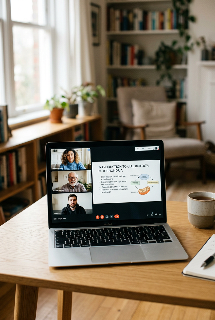 A MacBook displaying a virtual meeting with three participants and a presentation slide about cell biology and mitochondria. The laptop is on a wooden table next to a notepad and a mug, in a cozy room with a bookshelf, plants, and a large window.