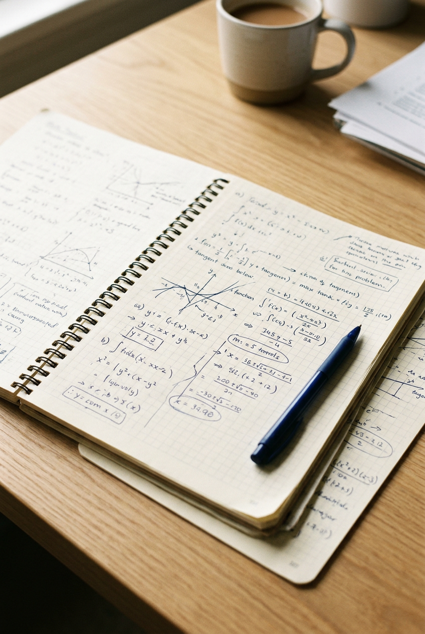 Open notebook with handwritten math notes and formulas, pen resting on page, coffee mug, and stack of papers on wooden table.