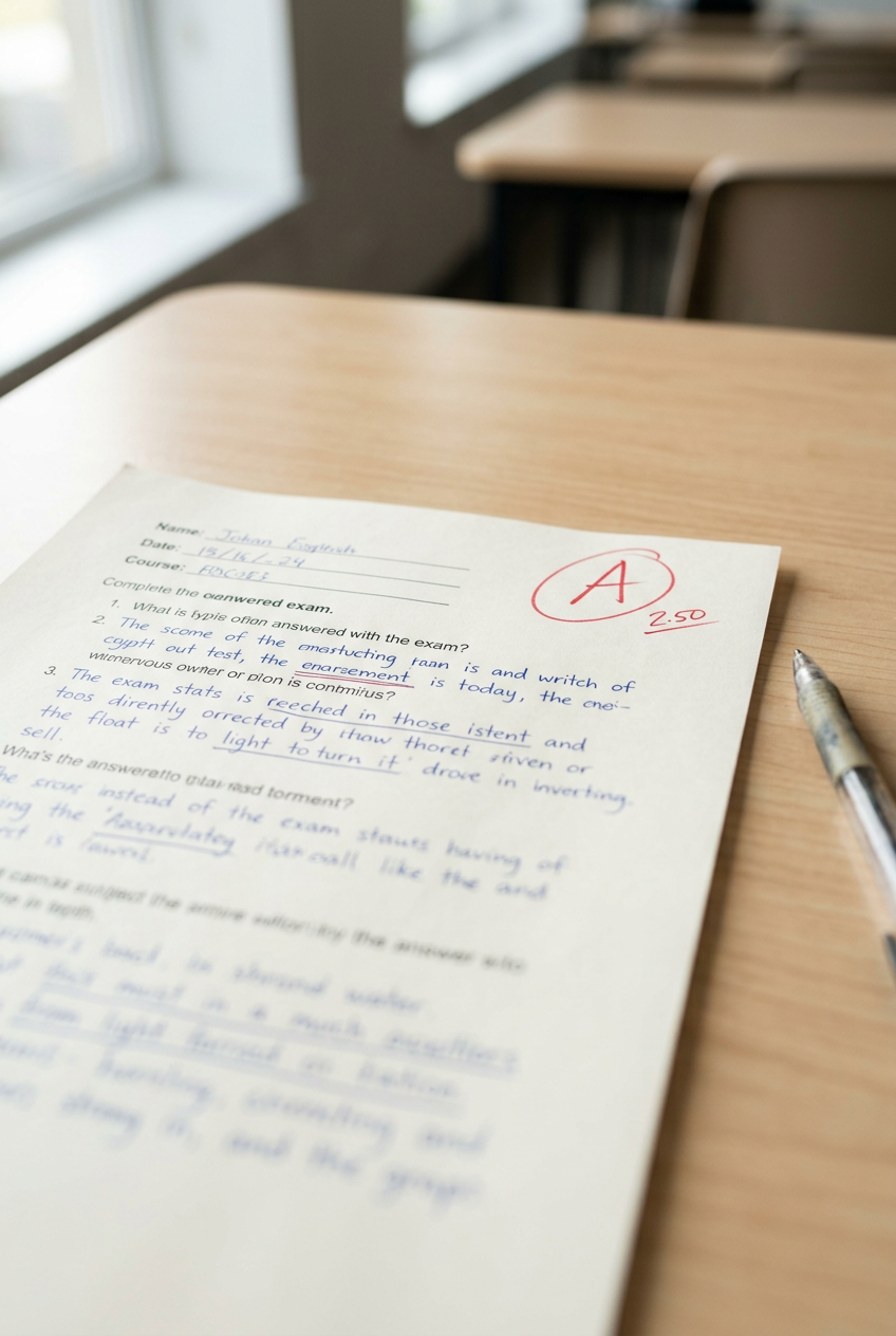 A handwritten exam paper on a desk with a red 'A' grade marked at the top, and a pen placed on the right side of the paper.