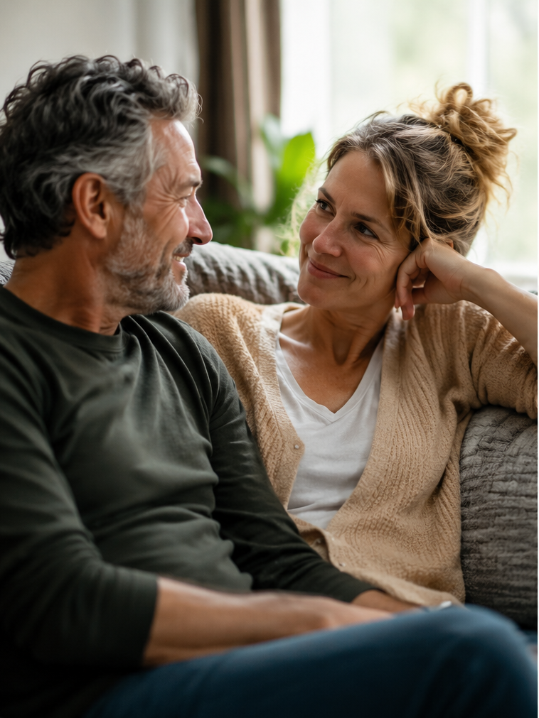 A middle-aged man and woman sitting close on a couch, smiling at each other in a warmly lit living room with a window and green plants in the background.
