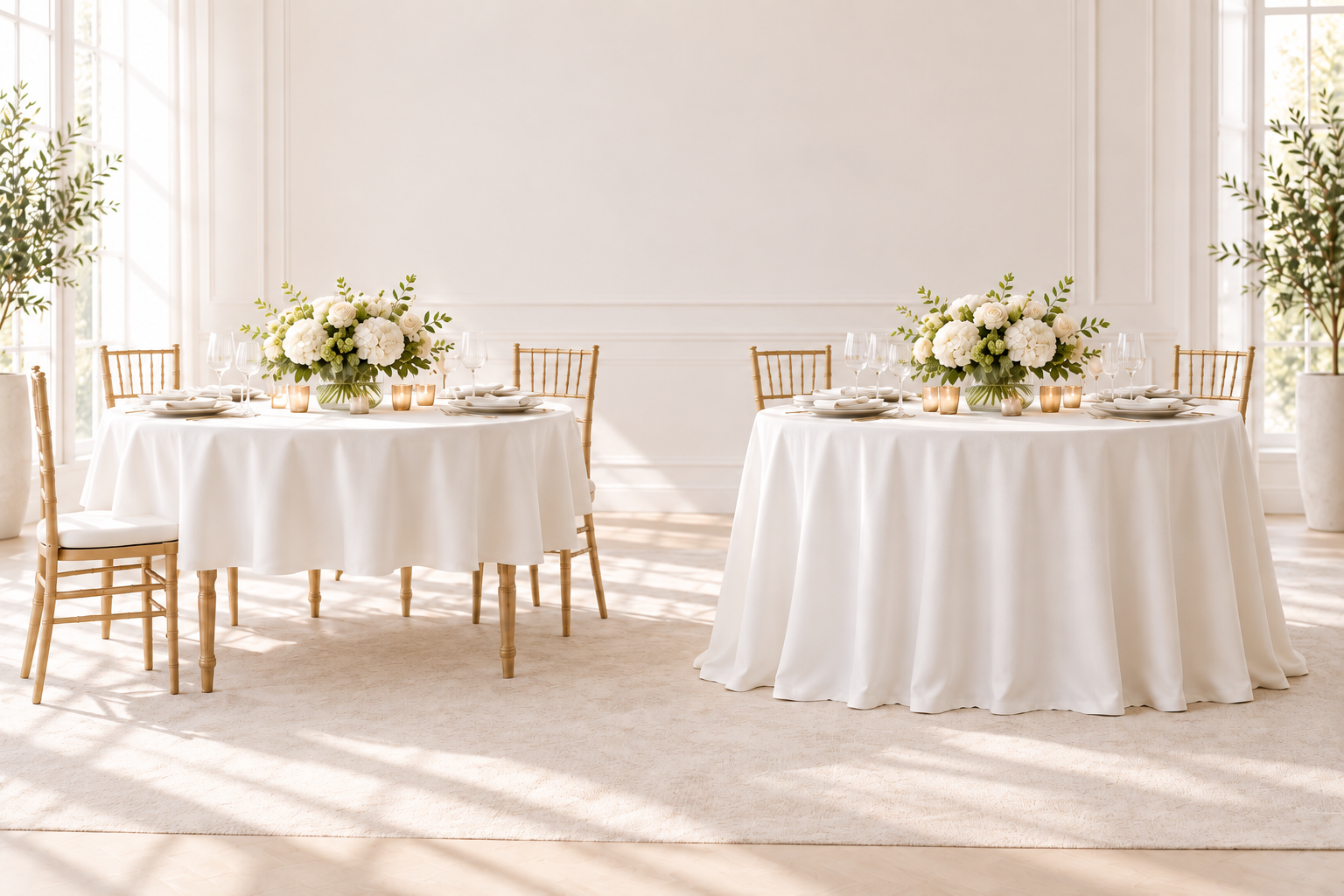 Elegant banquet room with two round tables covered with white tablecloths, adorned with white floral centerpieces, set with plates, glasses, and candles, illuminated by natural sunlight.