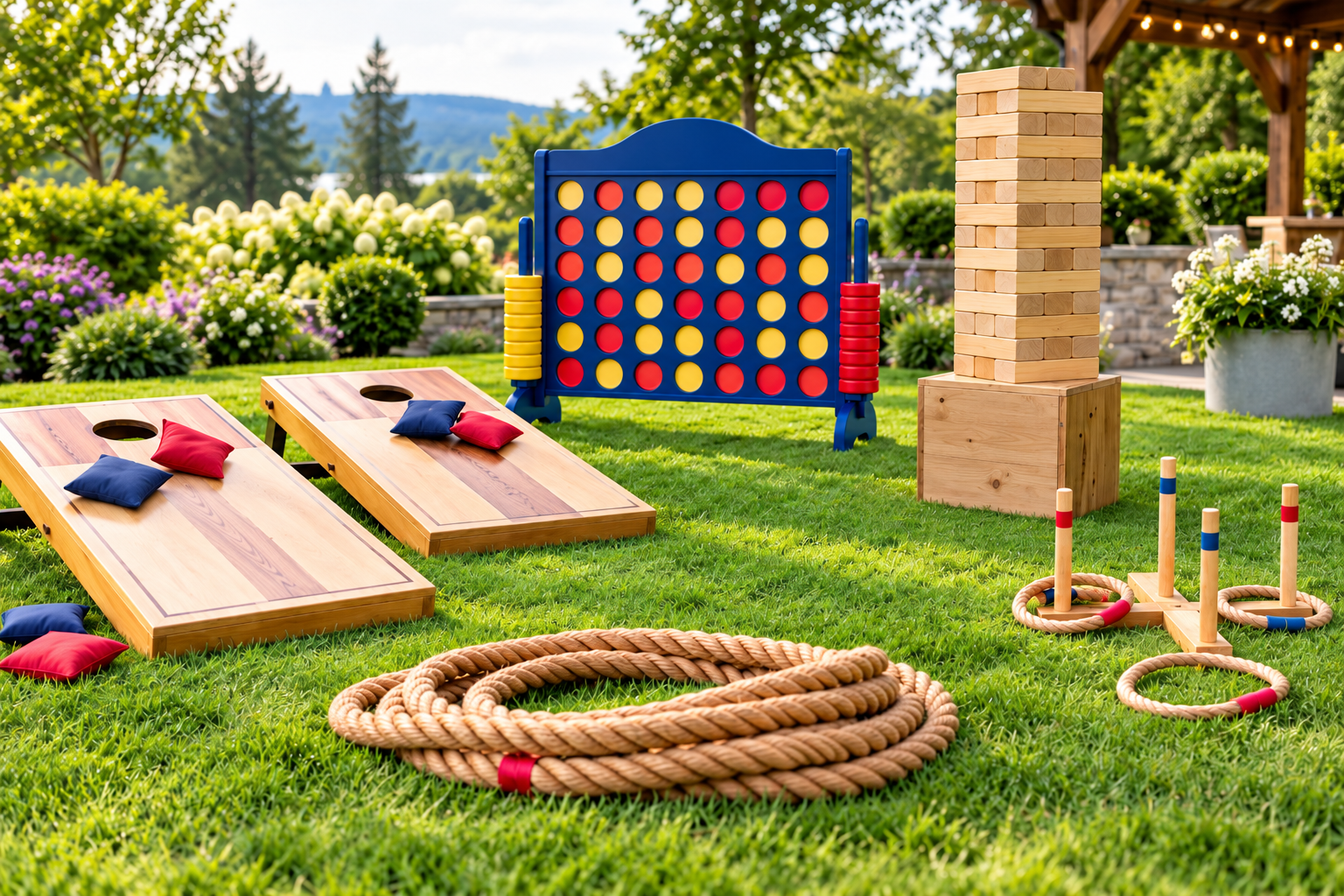 Outdoor yard games setup including giant Jenga, cornhole, Connect Four, tug of war rope, and ring toss on green grass with flowers and trees in the background.