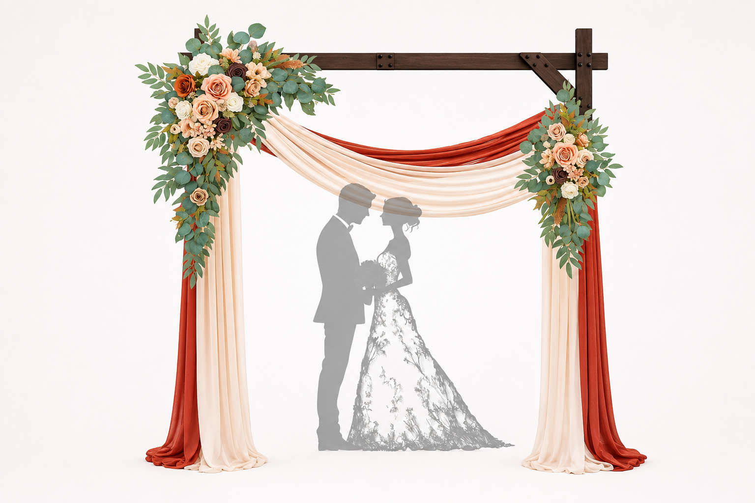 Silhouettes of a bride and groom standing under a wedding arch decorated with flowers and draped fabric.