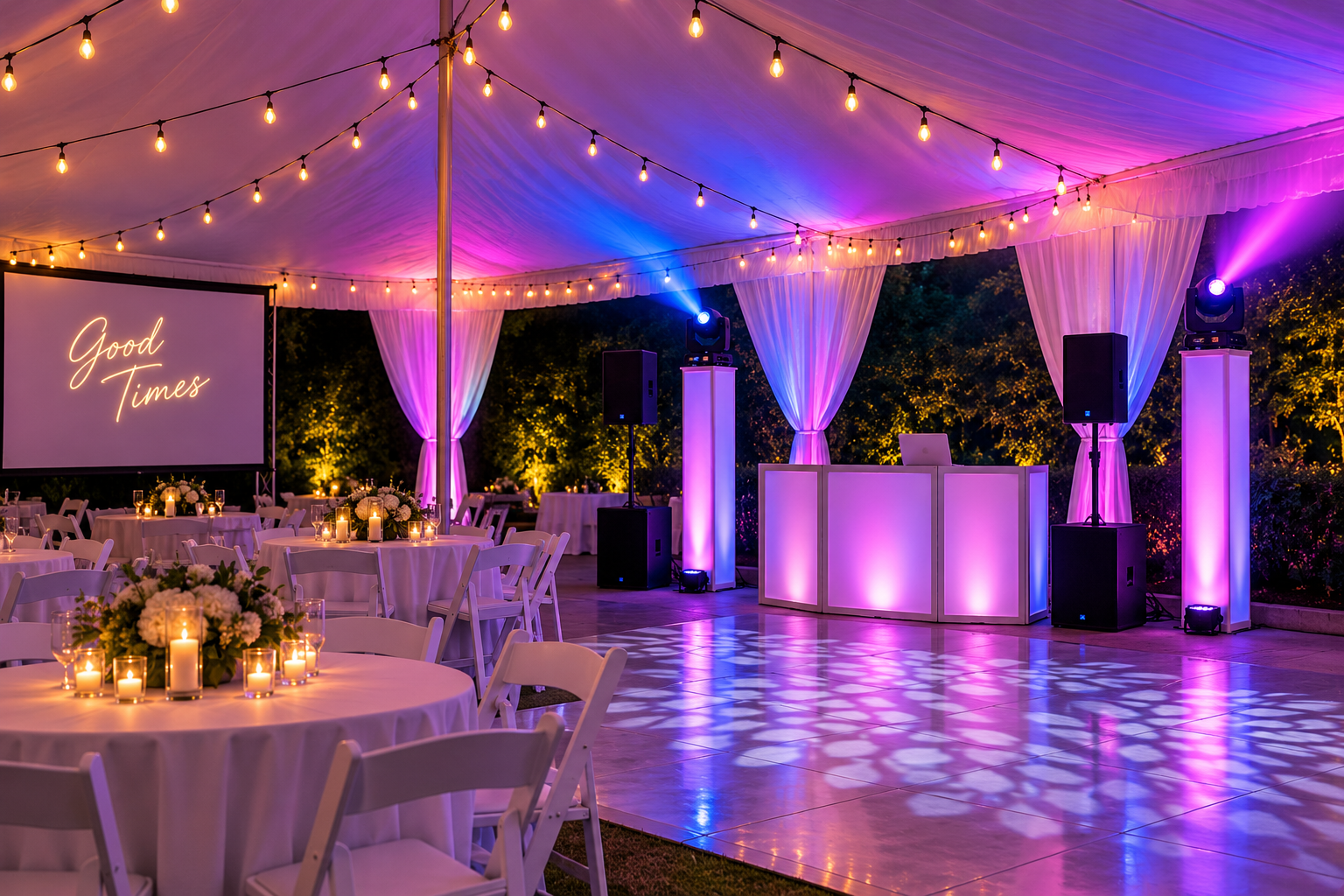 A decorated event space under a tent with string lights, round tables with white tablecloths, floral centerpieces, and candles. A large screen displays "Good Times" with a pastel-colored DJ setup and purple lighting.
