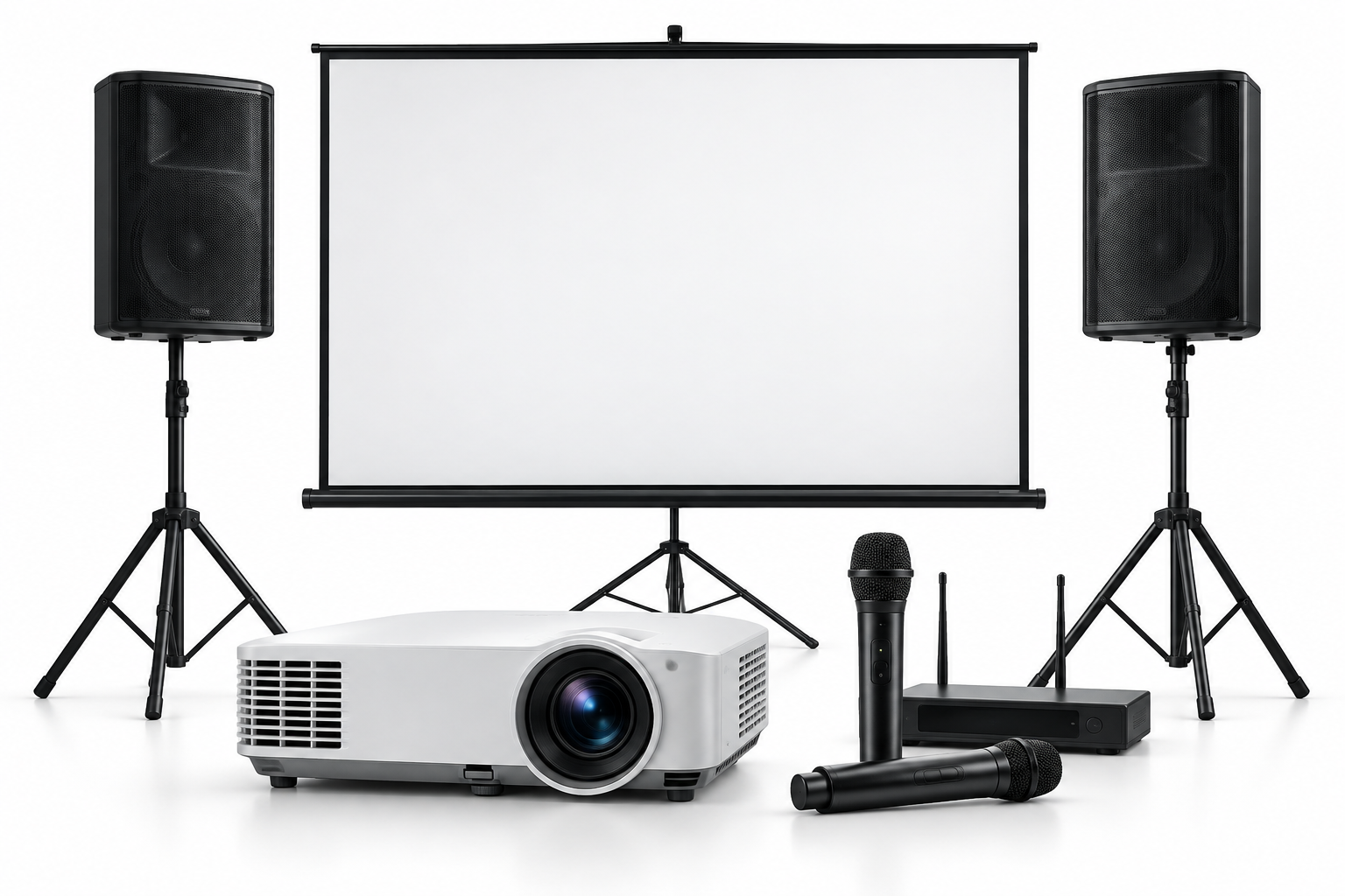 Presentation setup with two black speakers on stands, a white projector, a microphone, a wireless receiver, and a projection screen.