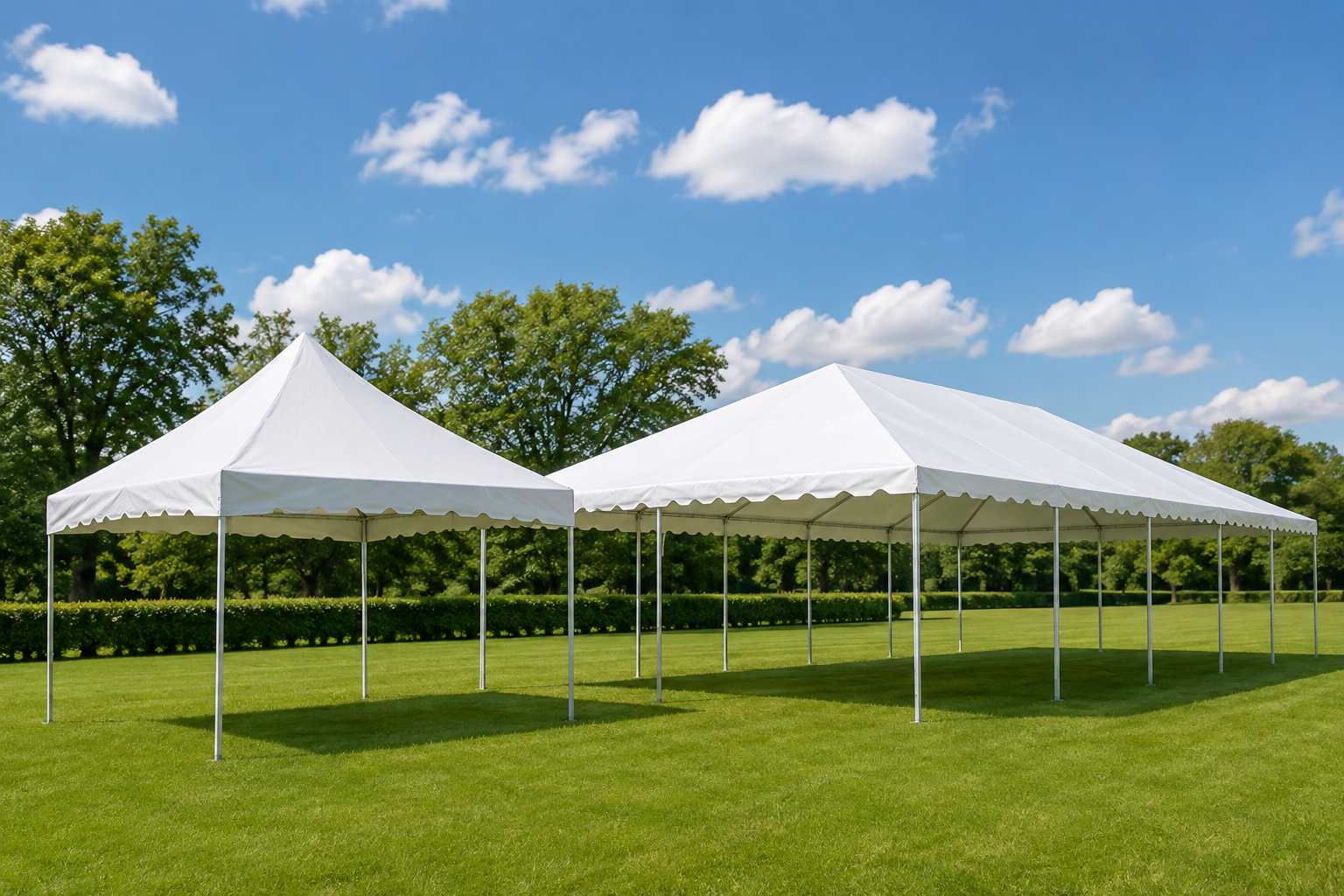 Two white canopy tents set up on a grassy field under a blue sky with scattered clouds, surrounded by trees.