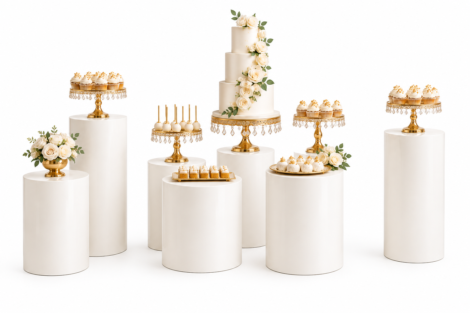 Elegant wedding cake display with white cakes, gold trays, and flower arrangements on white cylindrical pedestals.