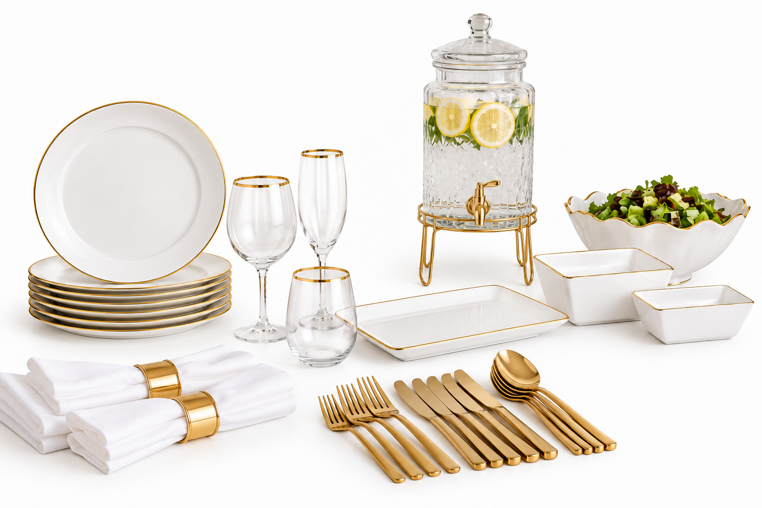Elegant tableware set with white plates, gold-rimmed glasses, gold cutlery, white napkins with gold rings, a glass beverage dispenser with lemon slices and mint, a white salad bowl with salad, and white square bowls with gold trim, all arranged on a white background.