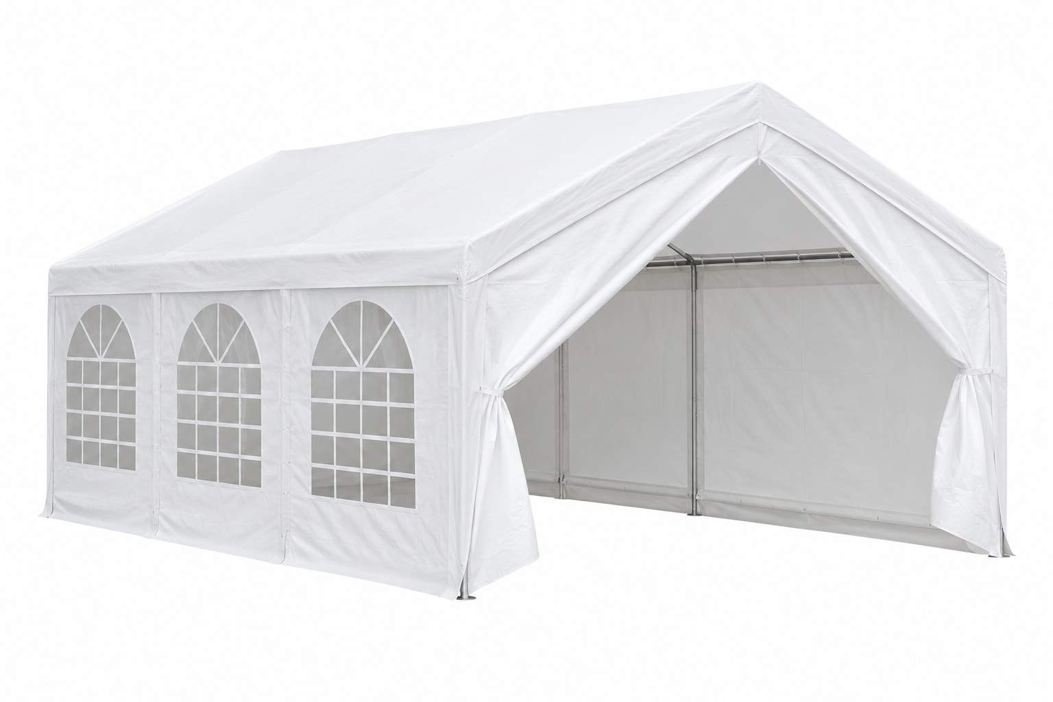 White event tent with arched window panels, open side showing metal frame structure, against a plain white background.