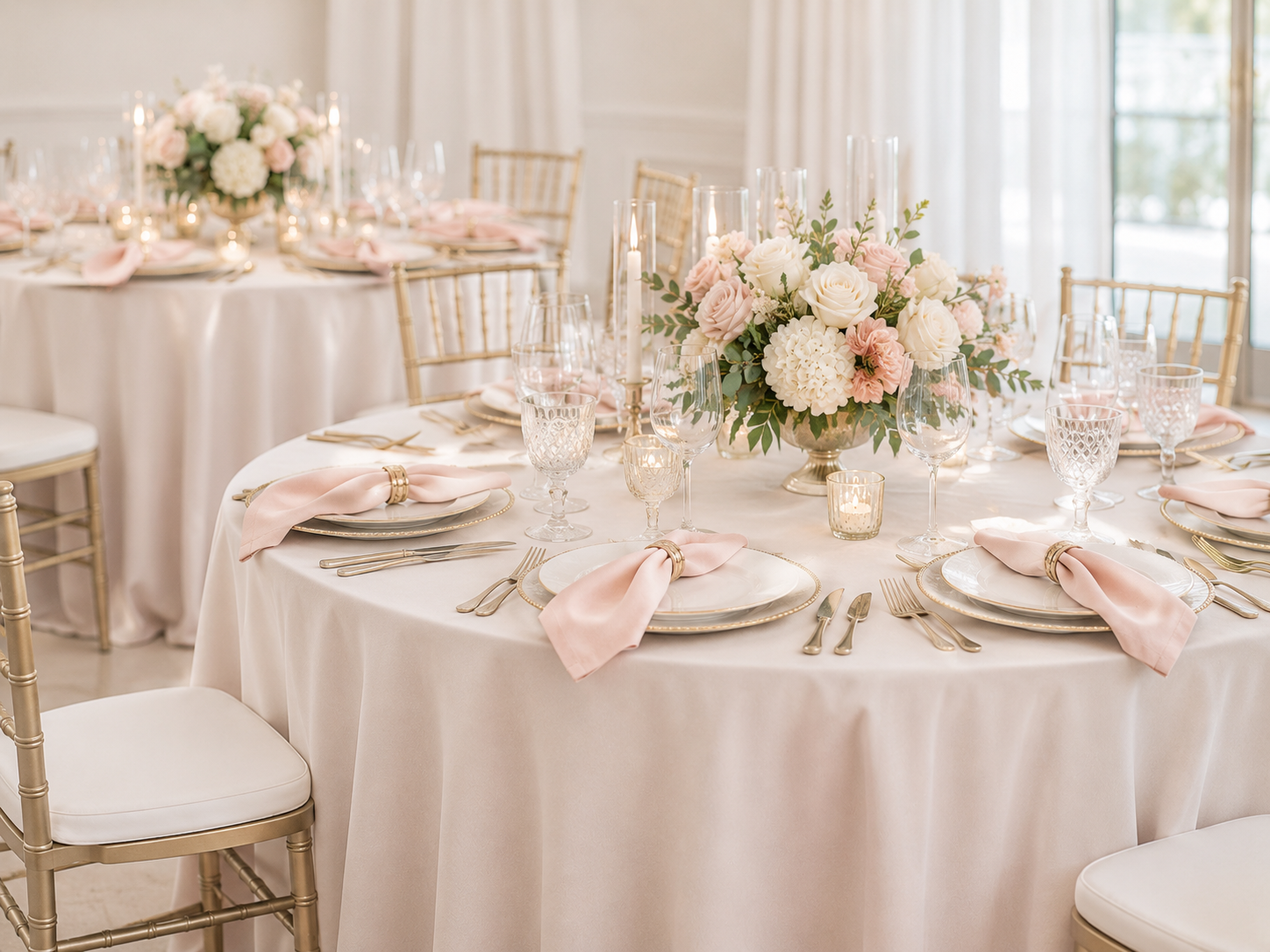 Elegant wedding reception table with floral centerpiece, gold chairs, candleholders, wine glasses, and blush-colored napkins.