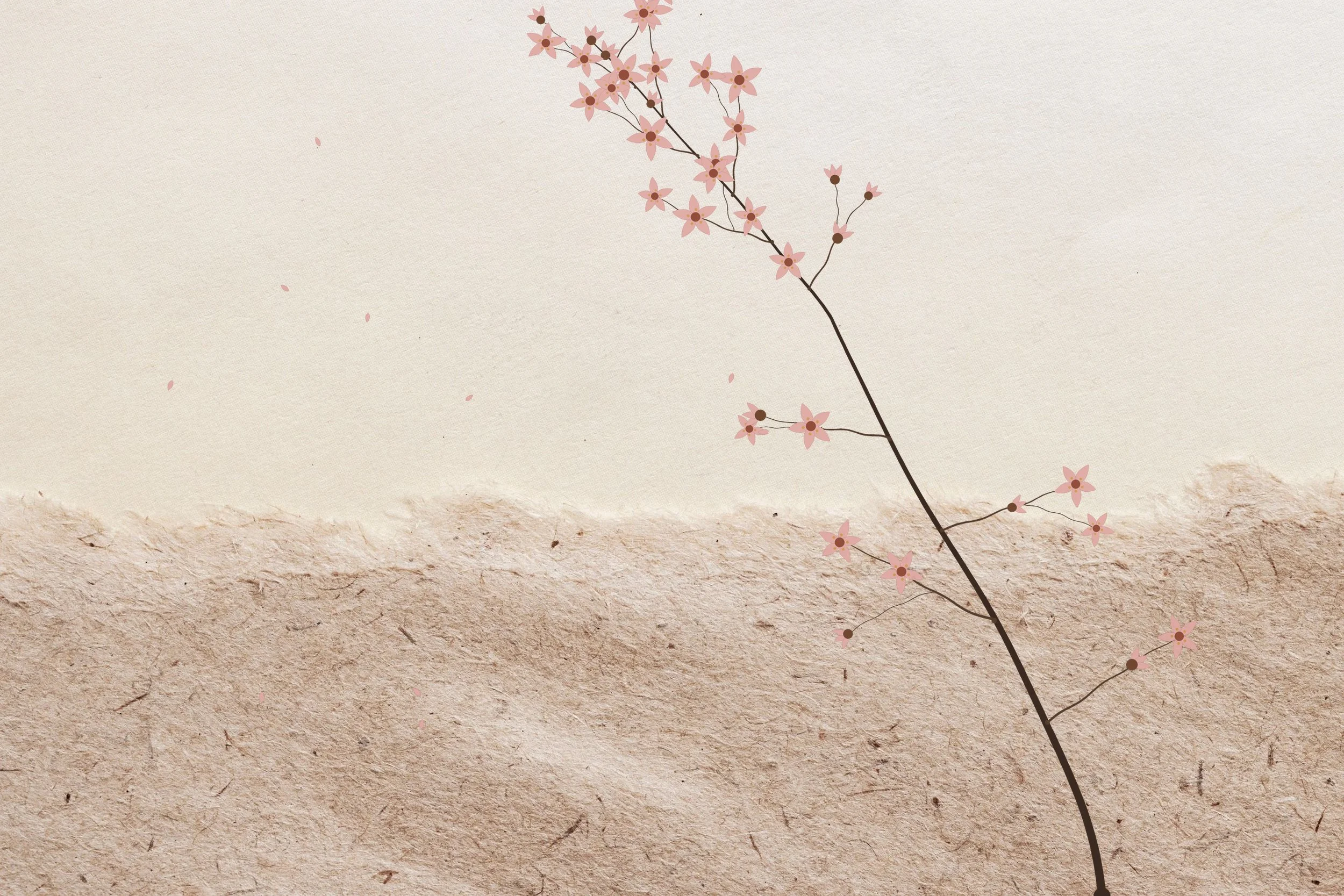A minimalist illustration of a delicate pink flower branch against a textured beige and light brown background.
