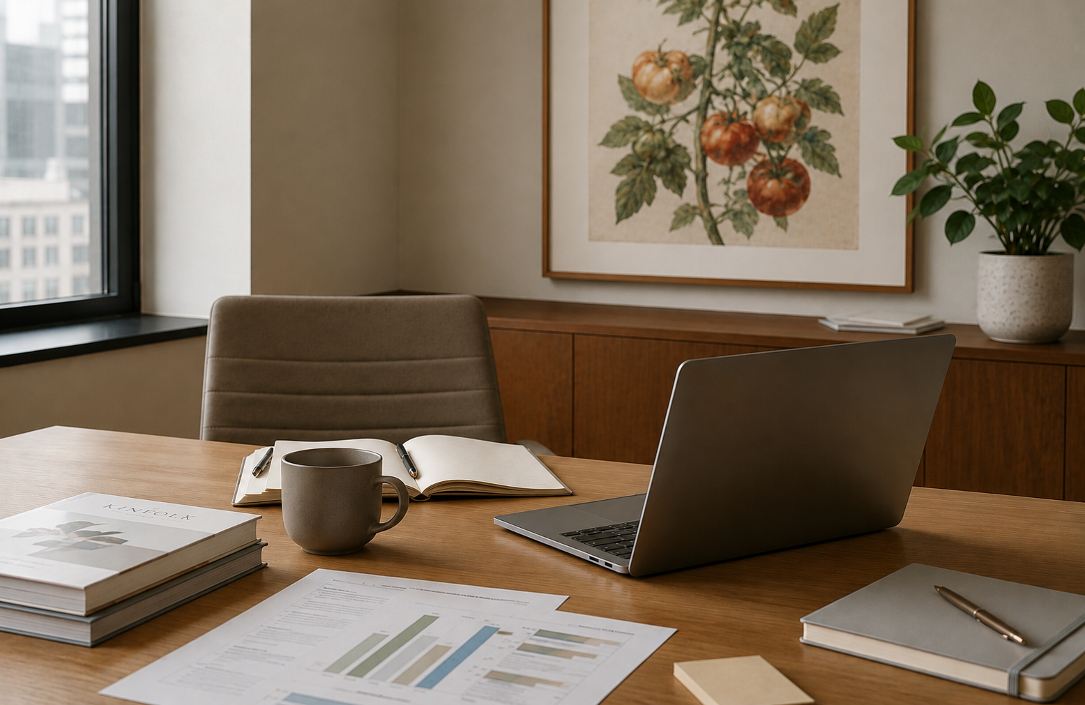 A modern office desk setup with a laptop, coffee mug, open notebook, pens, printed documents with graphs, a closed notebook with a pen on top, and a potted plant in the background. A framed botanical print hangs on the wall near a window.
