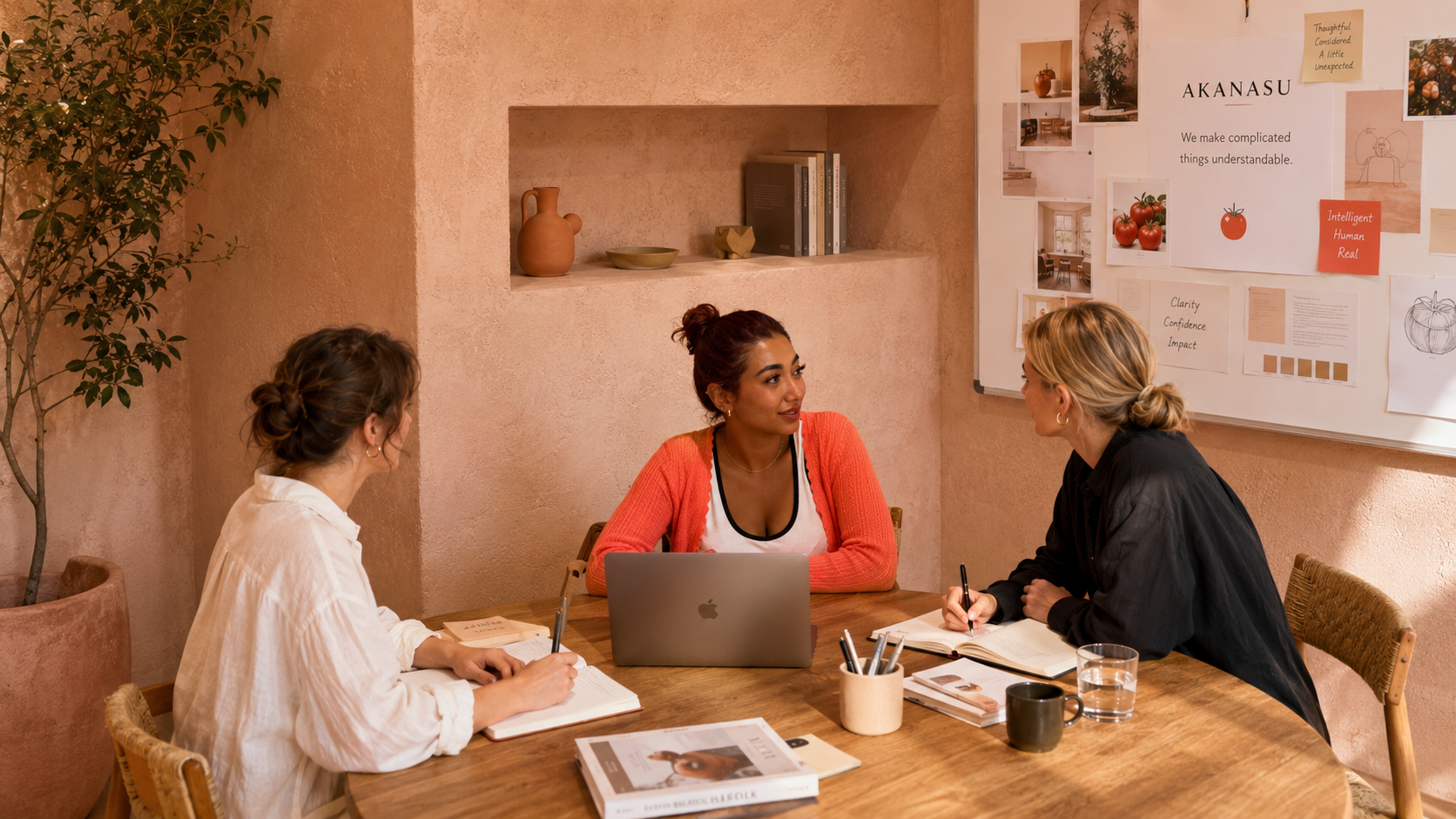Three women having a meeting in a cozy, well-lit room with a whiteboard and a bookshelf, sitting around a wooden table with notebooks, a laptop, and drinks.