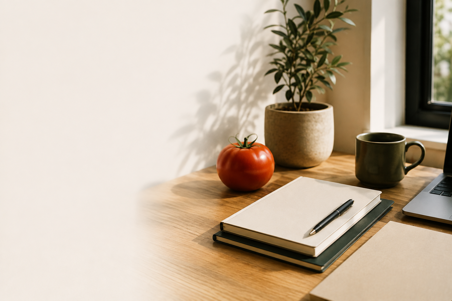 A wooden desk near a window with a potted plant, a tomato, a coffee mug, a closed laptop, a white notebook, and a black pen.