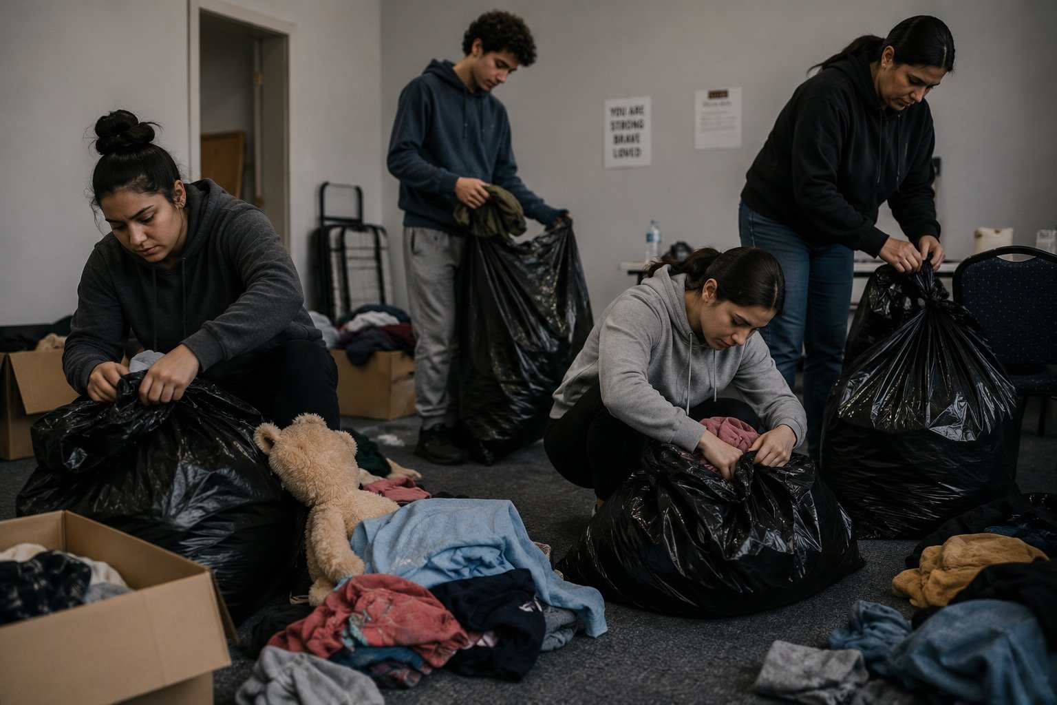 Five people sorting clothes into large black garbage bags in a room, with boxes of clothes and a teddy bear on the floor.