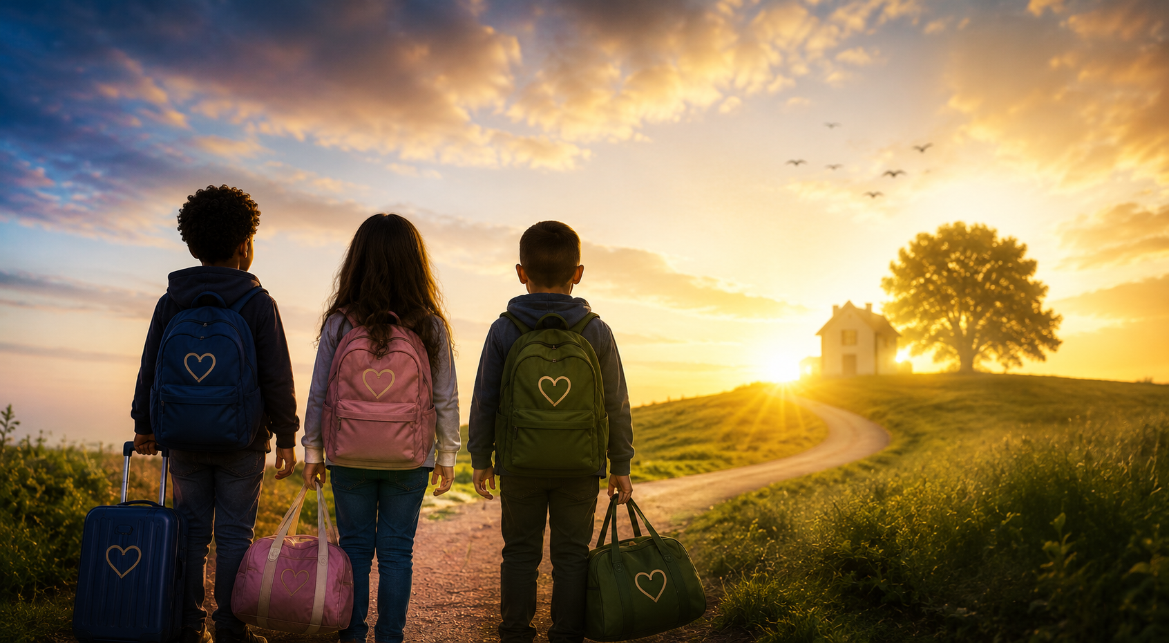 Three children with backpacks and luggage walking toward a house on a hill at sunset, with a large tree and a cloudy sky.