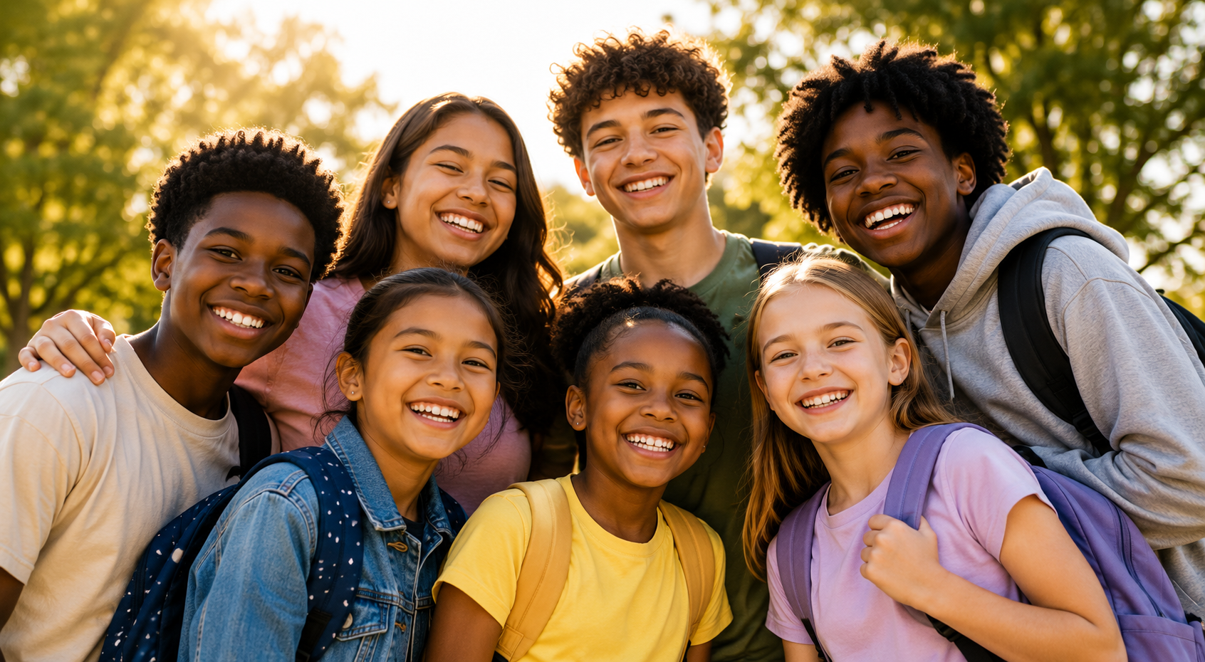 A group of smiling children outdoors, some with backpacks, standing close together with arms around each other, with green trees and sunlight in the background.