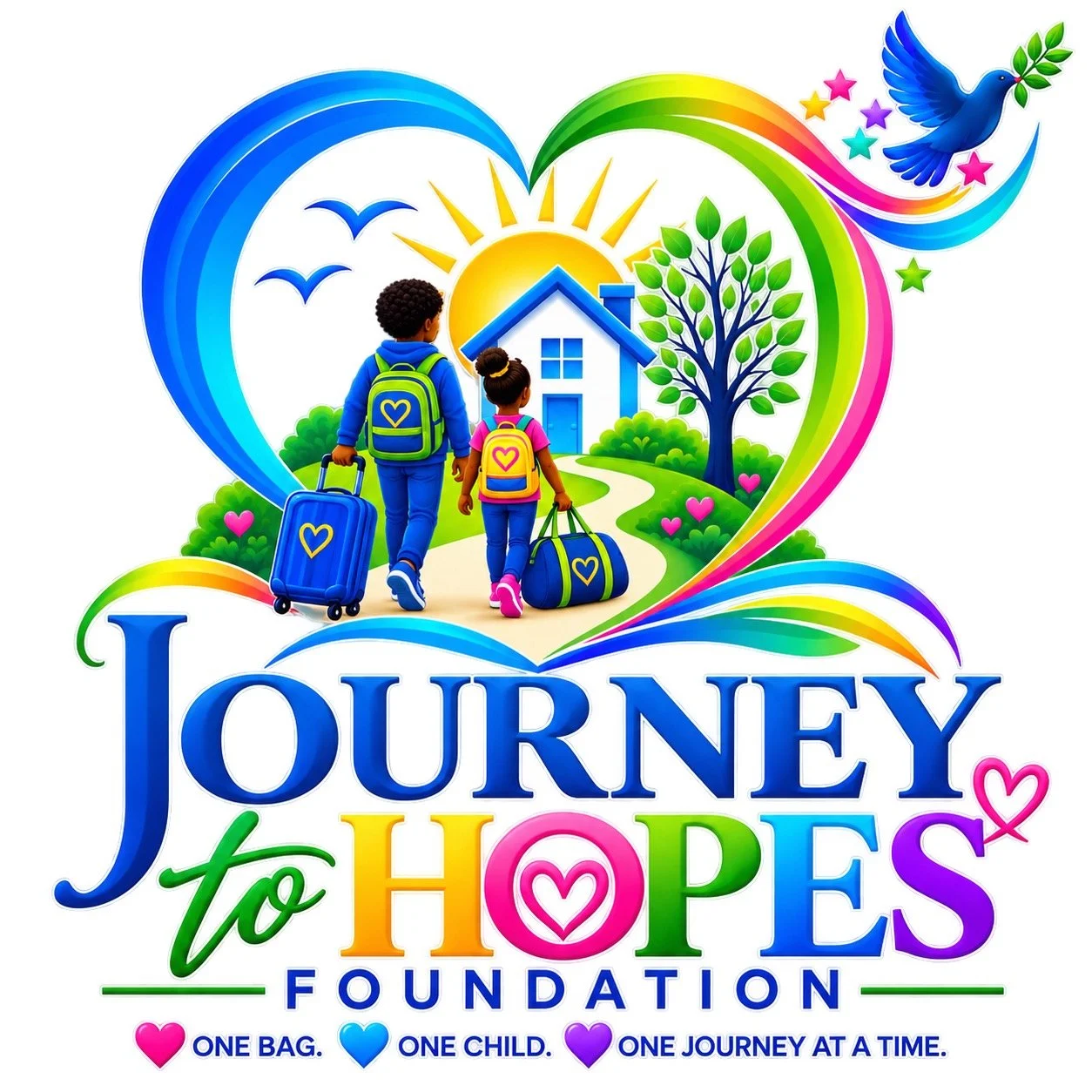 Colorful illustration featuring two children with backpacks and rolling luggage walking towards a house under a bright sun, with a rainbow and flying dove holding an olive branch. The text reads "Journey to Hopes Foundation" with a heart symbol and the phrase "One bag, one child, one journey at a time".