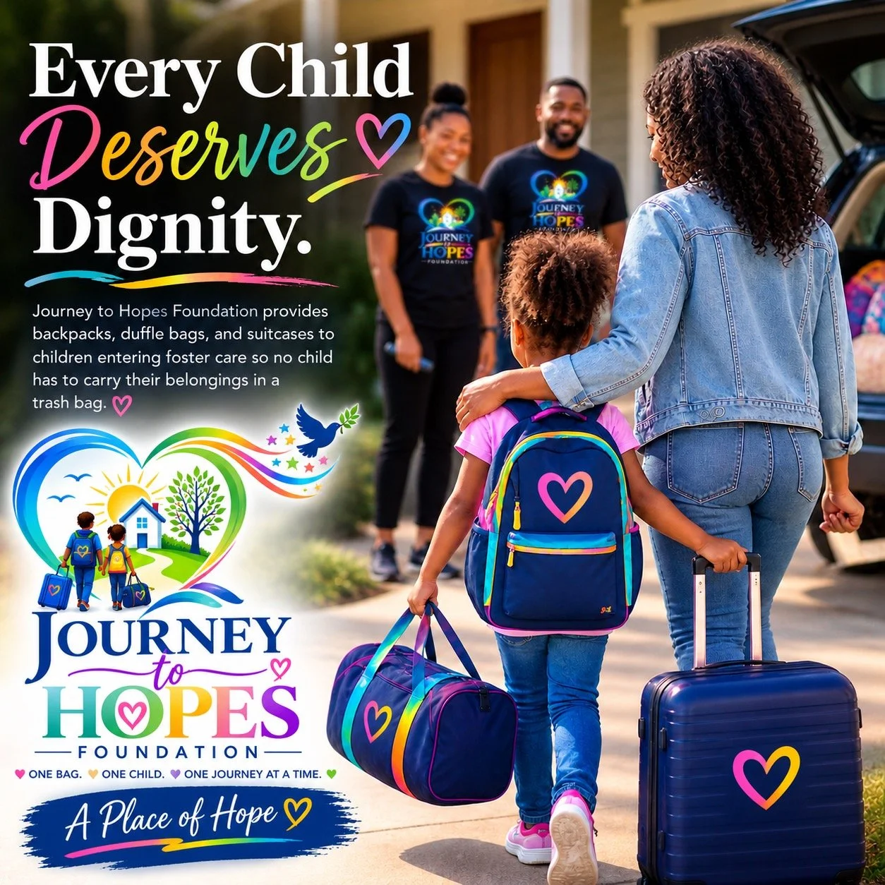 A woman walking into a house with a young girl, both carrying backpacks and rolling suitcases, while two people in matching t-shirts stand in the background. The image promotes Journey to Hopes Foundation, which provides support to children entering foster care.
