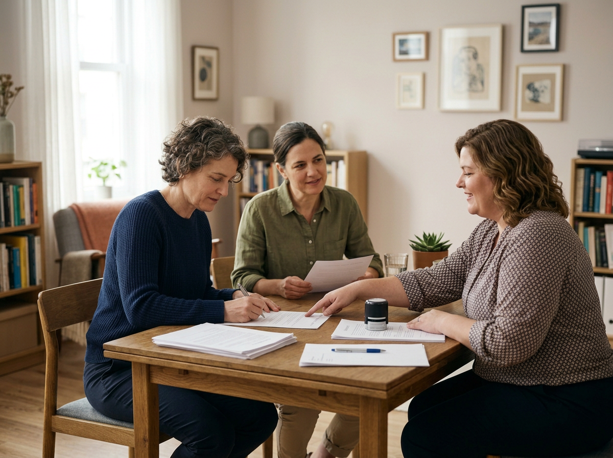 Three women sitting at a table in a well-lit room, engaged in a discussion with documents and a stamp on the table.