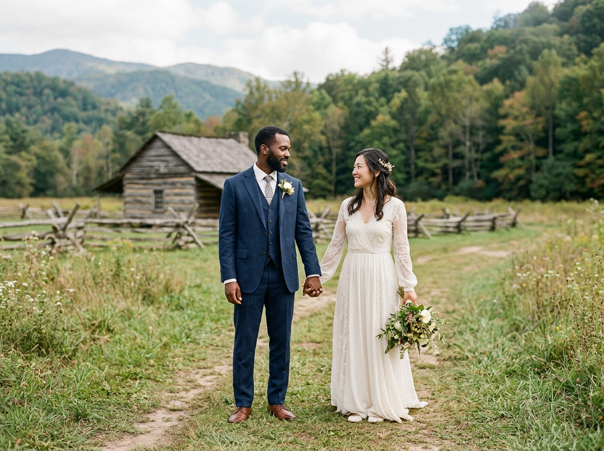A bride and groom holding hands and smiling at each other outdoors on a grassy path, with a rustic wooden building and green trees with autumn foliage in the background.