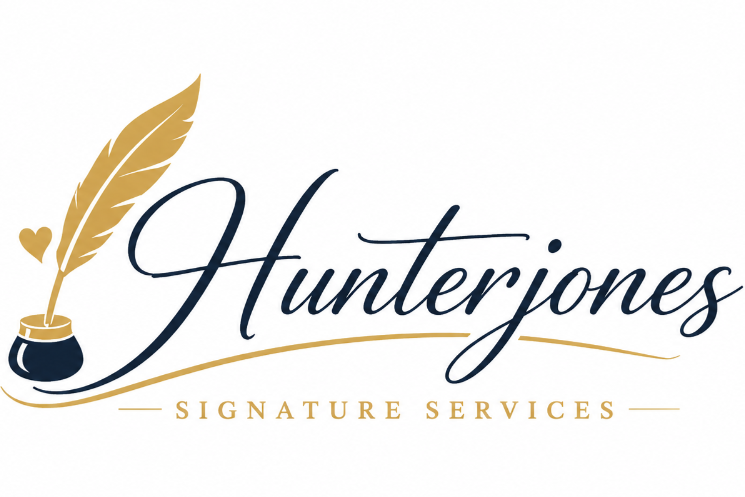 Logo for Hunterjones Signature Services featuring a gold and black quill pen in an ink bottle with the company name in cursive writing and a gold line above the text.