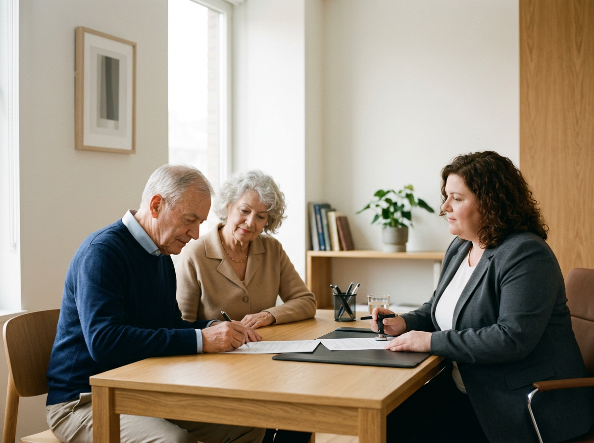 A consultant in a gray blazer and a woman in beige are seated at a wooden table signing documents with an elderly man. The setting is a bright office with windows and a small bookshelf in the background.