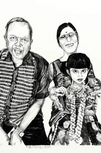A black and white drawing of three people: a man on the left, a woman in the middle, and a young girl on the right. The man is wearing a patterned shirt and smiling widely. The woman is wearing glasses and traditional clothing, smiling with her mouth