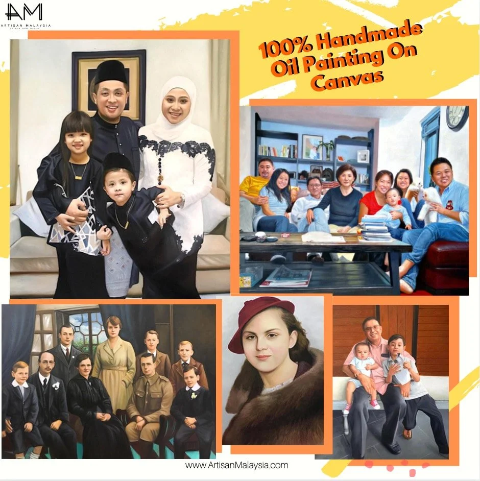 Collage of five photos showcasing different groups and styles of people, including a family in traditional and modern attire, a group of individuals sitting in a living room, a portrait of a woman with a red hat, a vintage-style family portrait, and a man with two children. The collage features text indicating that it offers 100% handmade oil paintings on canvas.