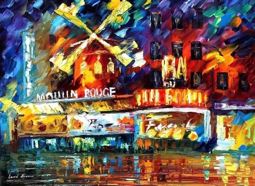 Colorful abstract painting of the Moulin Rouge with its iconic windmill, bright neon lights, and a lively street scene.