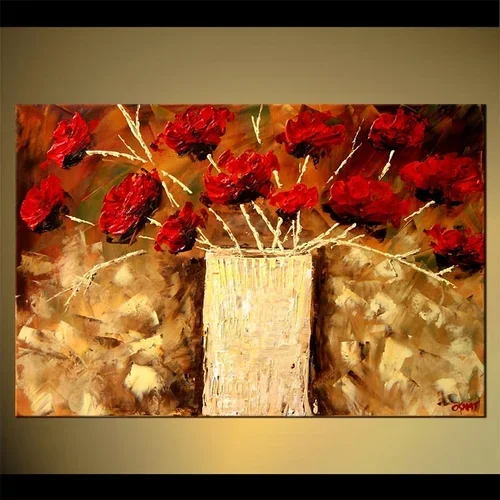 Abstract painting of a beige vase with red flowers on a brown background.