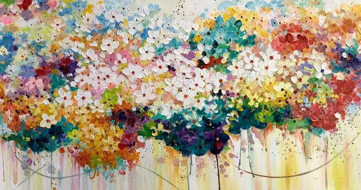 Abstract floral painting featuring colorful flowers and leaves with paint drips at the bottom.