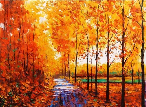 Painting of a vibrant autumn forest scene with a dirt path and colorful orange, yellow, and red leaves on trees.