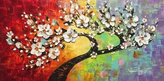 Abstract painting of a flowering tree with white blossoms against a colorful background.