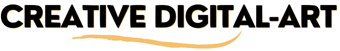 Text reads 'CREATIVE DIGITAL ART' on a black background with a beige decorative line beneath the text.