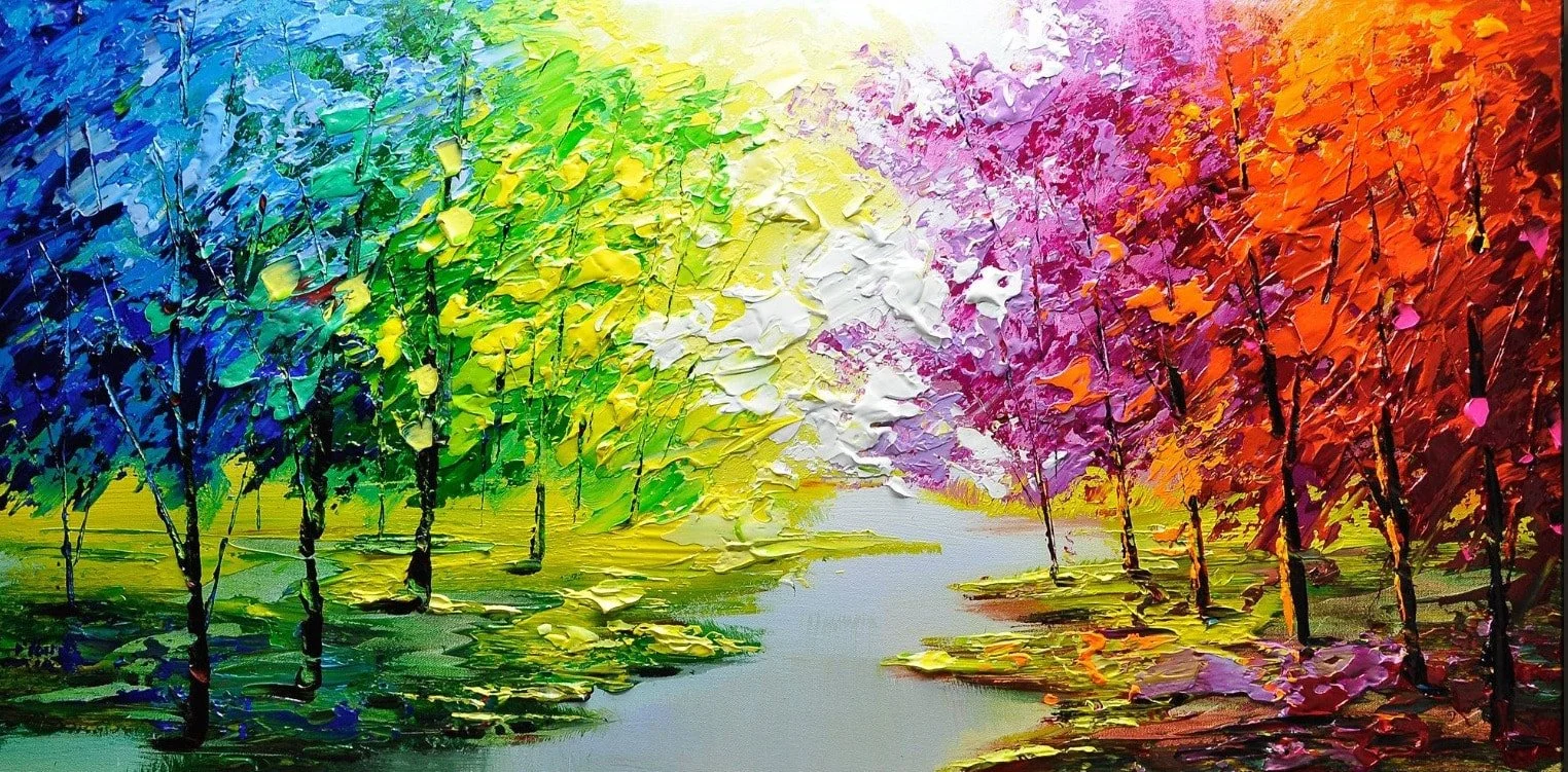 An abstract impressionist painting of a colorful landscape with trees on either side of a calm river, featuring vibrant colors like blue, green, yellow, pink, orange, and purple.