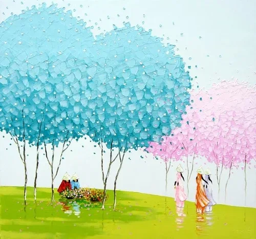 A watercolor painting of two women walking on grass near pink and blue flowering trees, with a small red house and flowers in the background.