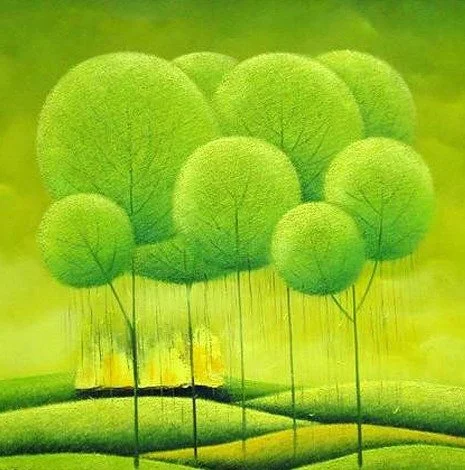 Artistic illustration of multiple green, rounded trees on a green landscape.