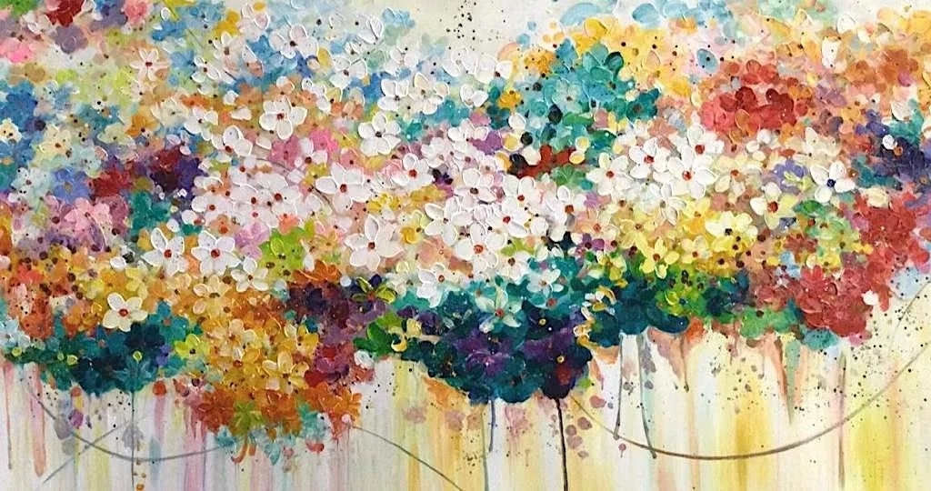 Abstract painting of colorful flowers on a white background with splashes of paint dripping downward.