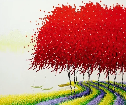 Painting of a landscape with two red-leafed trees, a pathway, and a boat on water.