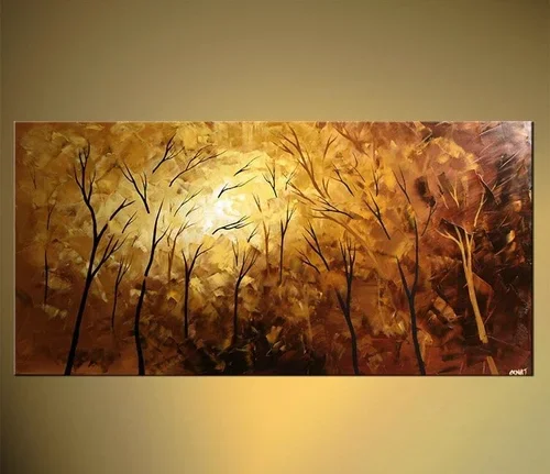 A painting of an autumn forest scene with tall trees and fall foliage, with a bright sun or moon in the background.